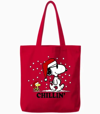 Peanuts Holiday Snoopy Snowfall Chillin' Short Sleeve Tote Bags - Red