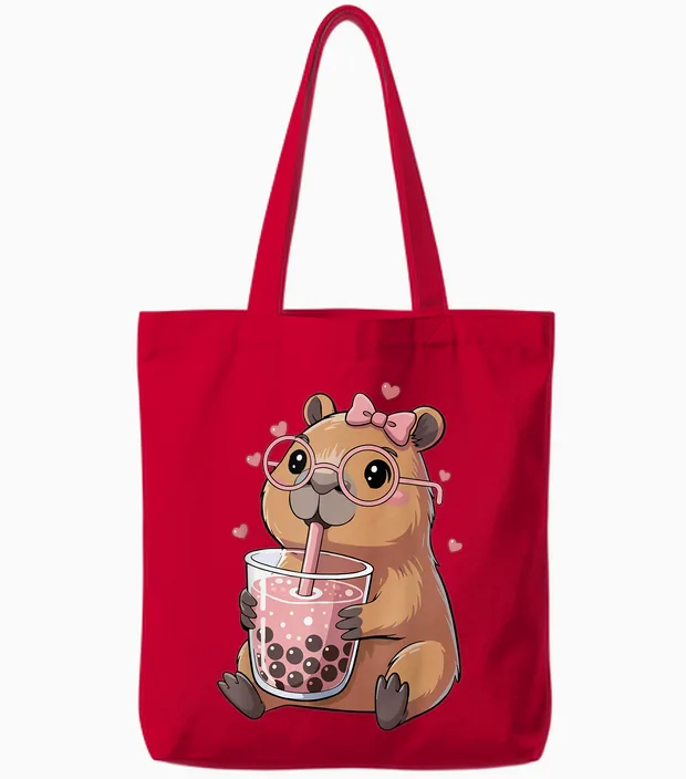 Capybara Drinking Bubble Tea Für Mädchen Cute Capybara Tote Bags in Red