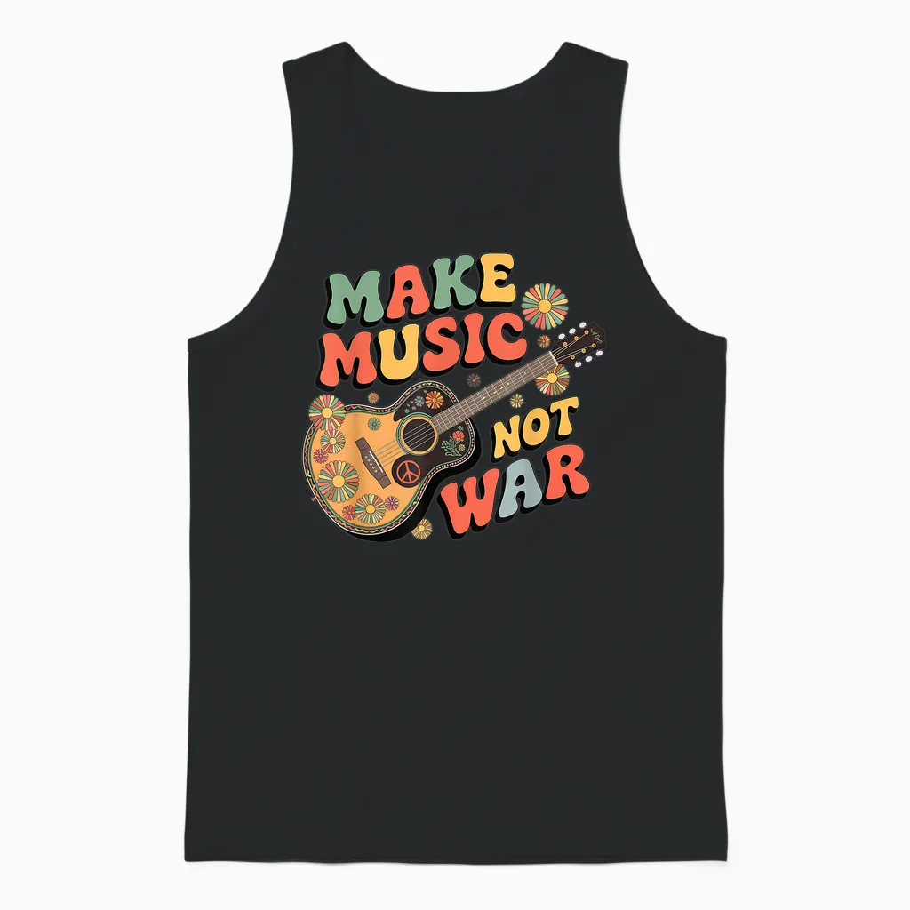 "make Music Not War" Retro Boho Gitarre Peace Symbol Groovy Unisex Tank Top in Black
