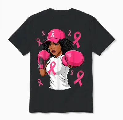 Women Black African American Breast Cancer Afro Pink Ribbon Unisex T-Shirt - Black