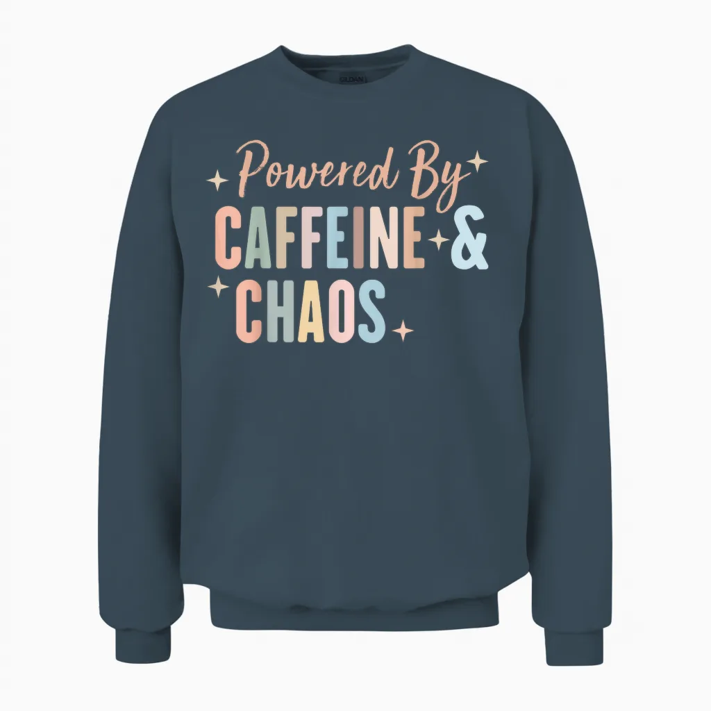 Powered by Coffein and Chaos Funny Adhd T-Shirt, Black Unisex Sweatshirt in Dark Heather