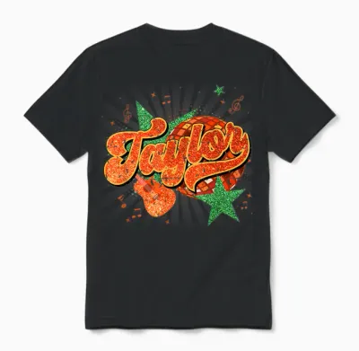 Girl Retro Taylor First Name Personalized Groovy 80's Unisex T-Shirt - Black