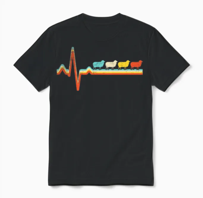 Sheep Retro Heartbeat Unisex T-Shirt in Black