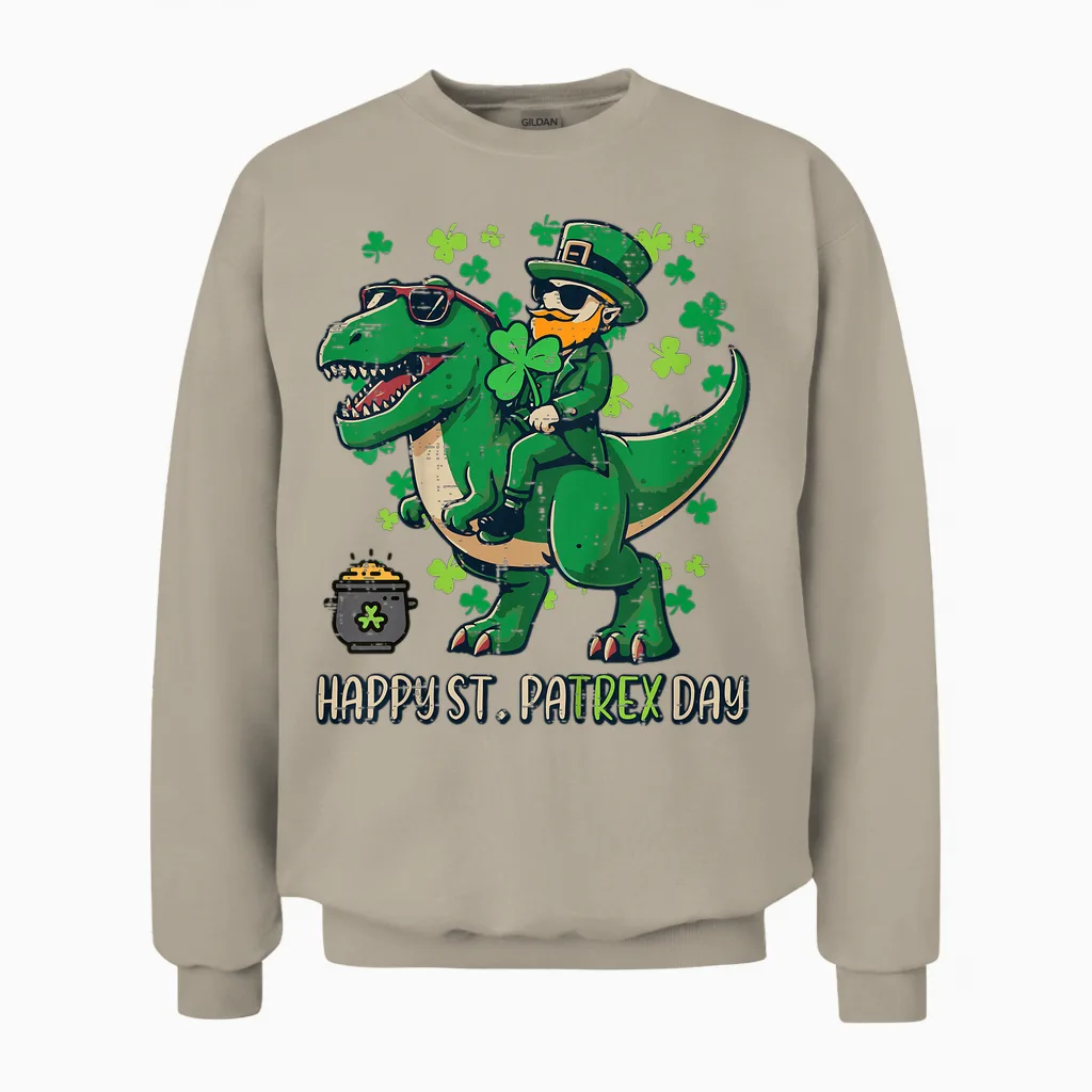 Kids Happy St Patricks Pa Trex Day Saint Paddys Dino Boys Unisex Sweatshirt in Sand