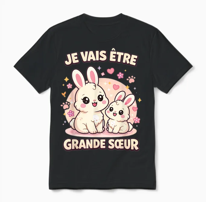 Je Vais être Grande Sœur Lapin Cadeau Annonce Grossesse Unisex T-Shirt in Black