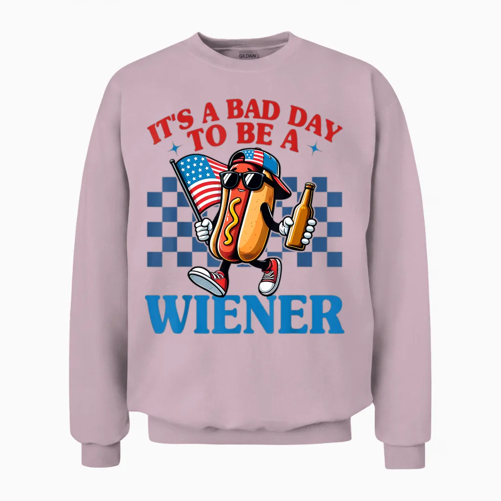 Retro Funny Its a Bad Day to Be a Wiener Hot Dog 4th of July Unisex Sweatshirt in Light Pink