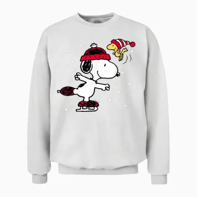 Peanuts Snoopy and Woodstock Skate Holiday Short Sleeve Unisex Sweatshirt - White
