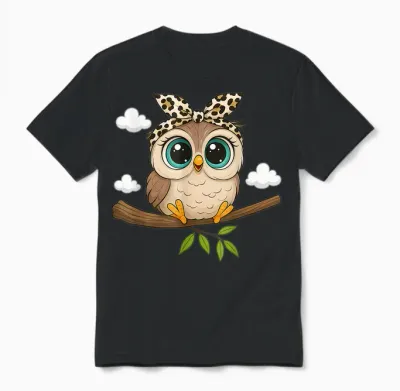 Niedliche Eule Mit Schleife, Leopardenmuster, Lustige Tierkunst Unisex T-Shirt - Black