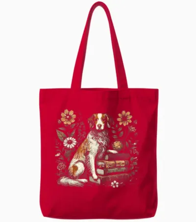 French Dog Breed - Breton Spaniel T-Shirt, Black, S Tote Bags - Red