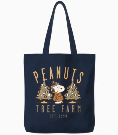 Snoopy Peanuts Tree Farm Christmas Retro Style Tote Bags - Navy
