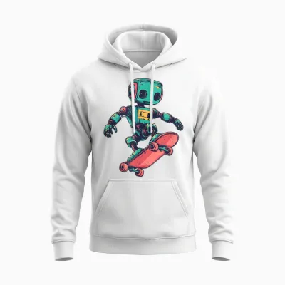 Cooler Skating Roboter Mit Skateboard Für Jungen Und Mädchen Unisex Hoodie - White