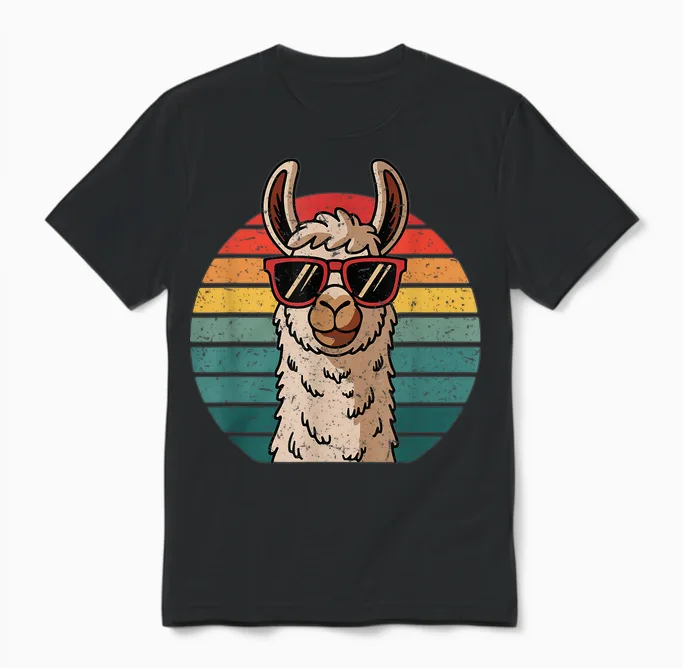 Retro Style Alpaca with Sunglasses Funny Animal Cool Llama T-Shirt, Black Unisex T-Shirt in Black