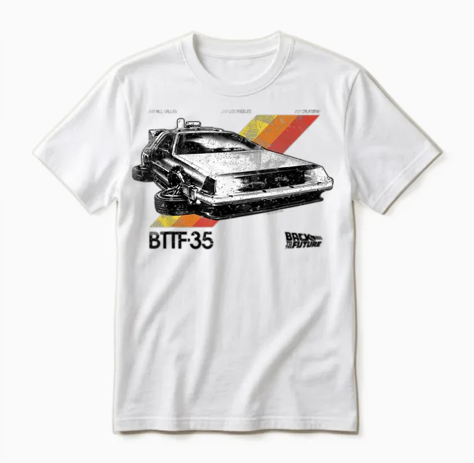 Back to the Future, 35th Edition of Retro Stripe Delorean Unisex T-Shirt in White