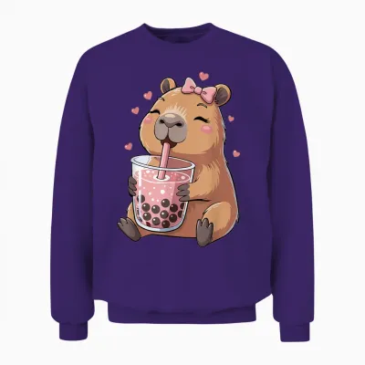 Cute Capybara Drinking Bubble Tea for Girls Capybara Unisex Sweatshirt - Purple