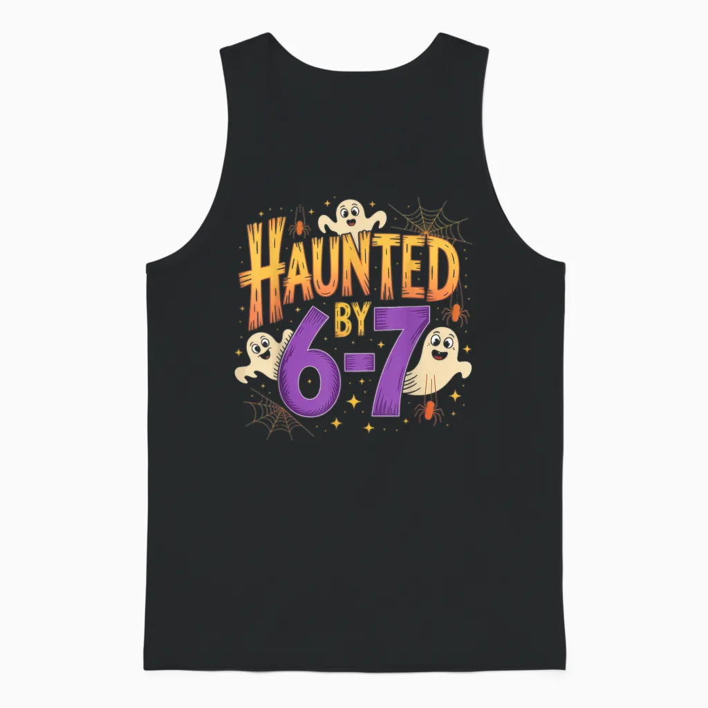 Haunted by 6-7 Halloween Ghosts and Spiders Design Unisex Tank Top in Black