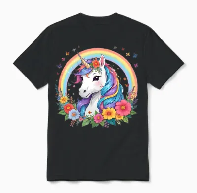 Cute Unicorn Girl with Rainbow Unicorn Unisex T-Shirt - Black