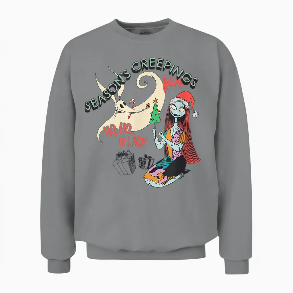 Amazon Essentials Men's Nightmare Before Christmas Sally and Zero Season’s Creepings T-Shirt, Grey Graphic Print, Small Unisex Sweatshirt in Sport Grey