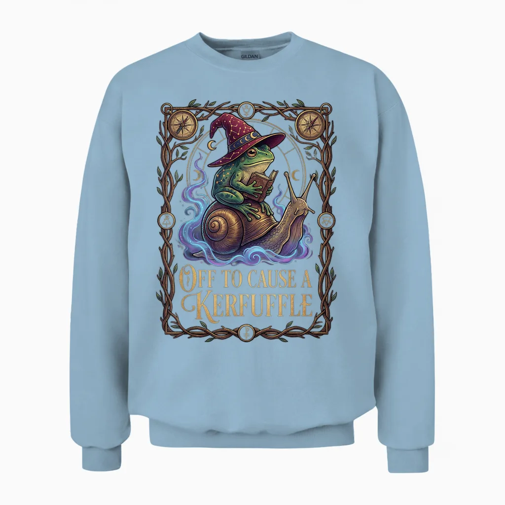 Off to Cause a Kerfuffle Witchy Frog Wizard Snail Meme Humor Unisex Sweatshirt in Light Blue