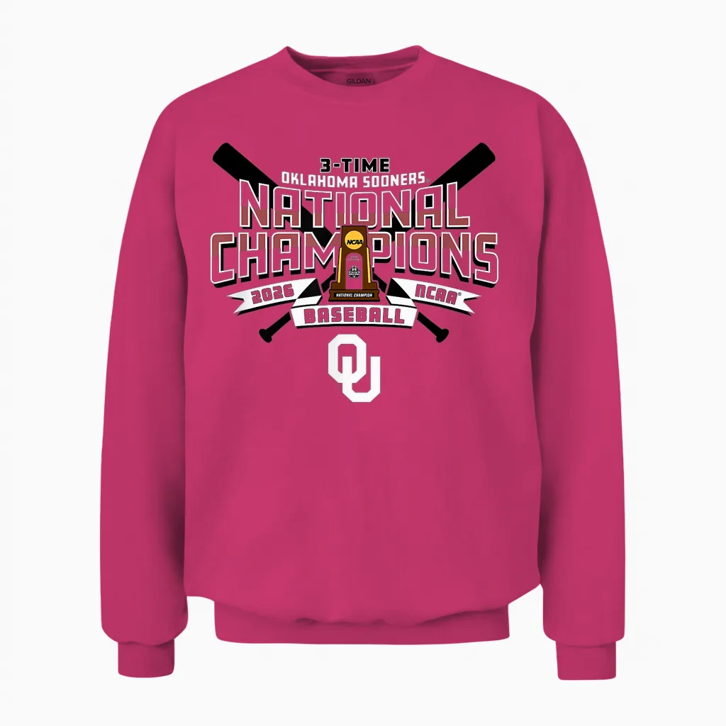 Oklahoma Sooners National Champs 2026 Baseball Cws Trophy Unisex Sweatshirt in Heliconia