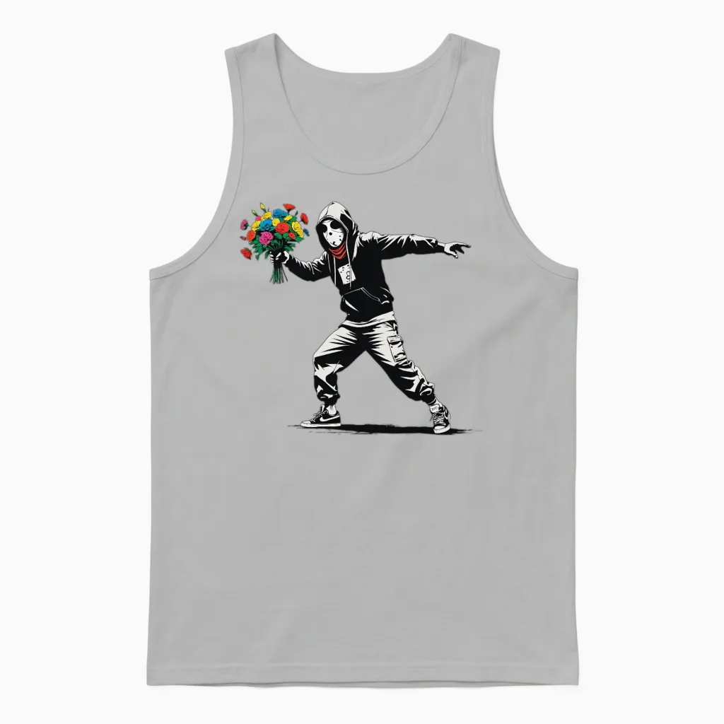 Banksy Protester Throwing Flowers Unisex Tank Top in Ash