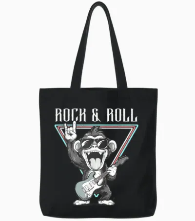 Rock & Roll Monkey Guitar Funny Tote Bags - Black