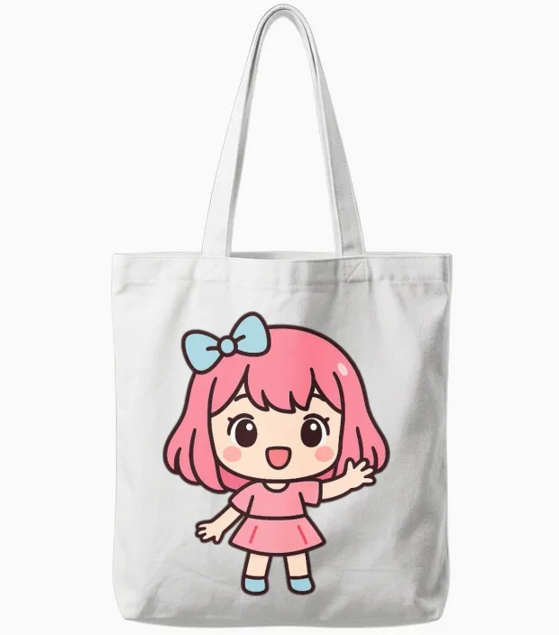 Pink Bow Kawaii Chibi Girl Tote Bags in White