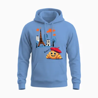 Paris France Crescent with Beret Hello in French Tower Unisex Hoodie - Carolina Blue