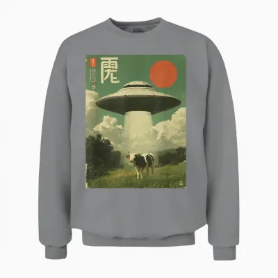 Lustiges Retro Vintage Japanische Kuh Entführung Alien Raumschiff Unisex Sweatshirt - Sport Grey