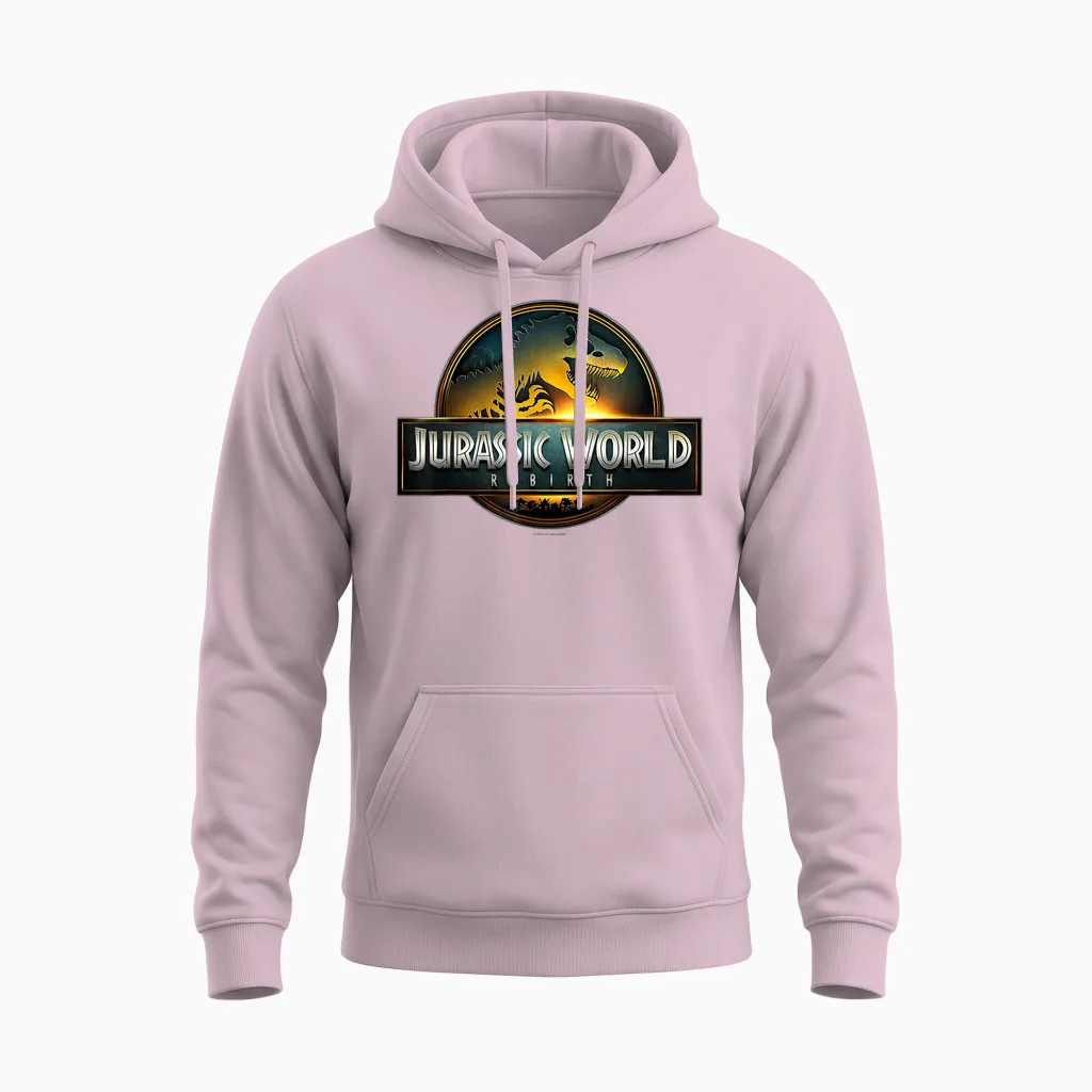 Jurassic World Rebirth Movie Logo T-Shirt, Black Unisex Hoodie in Light Pink