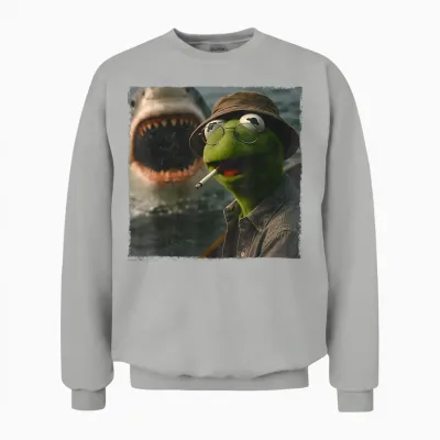 Funny Smoking Frog Meme Vintage Shark Attack Parody Unisex Sweatshirt - Ash