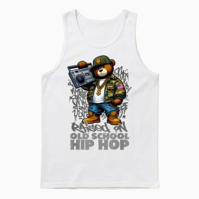 Raised on Old School Hip Hop Bear Rap 90s Hip Hop T-Shirt, Black, S Unisex Tank Top - White
