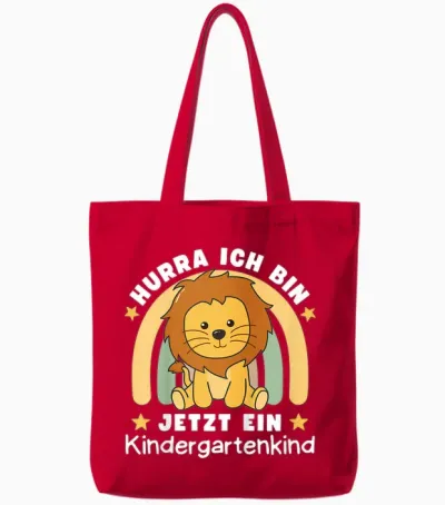 Children's T-Shirt with German Text "hurra Ich Bin Jetzt Ein Kindergartenkind Löwe", Black Tote Bags - Red