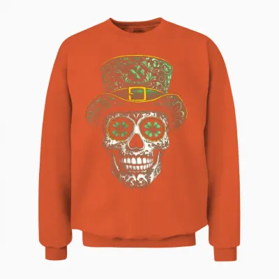Sugar Skull St Patrick Day of the Dead Lucky Shamrock Clover Unisex Sweatshirt - Orange