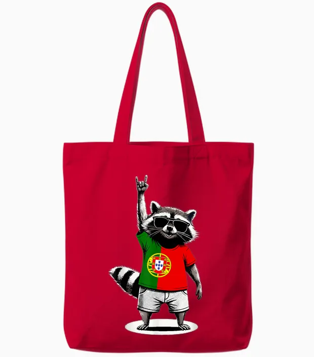 Portugal Flag Funny Portuguese Raccoon Tote Bags in Red