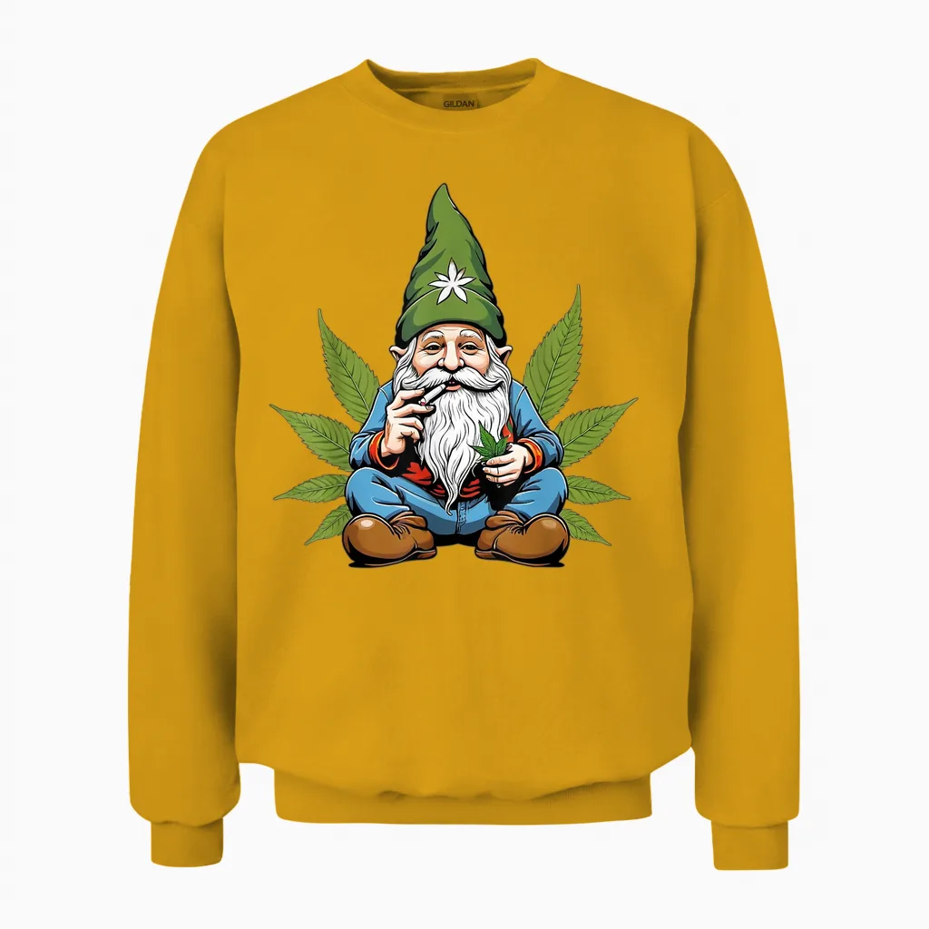 Hippie Gnome Smoking Weed Pot Leaf 420 Marijuana Cannabis Unisex Sweatshirt in Gold