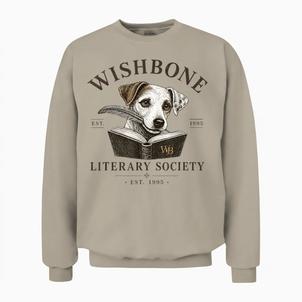 Wishbone Literary Society Vintage Book Lover Dog Design Unisex Sweatshirt in Sand