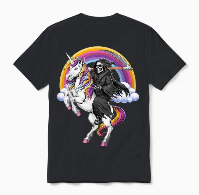 Skeleton Large Grim Reaper Riding Unicorn Halloween Unisex T-Shirt in Black