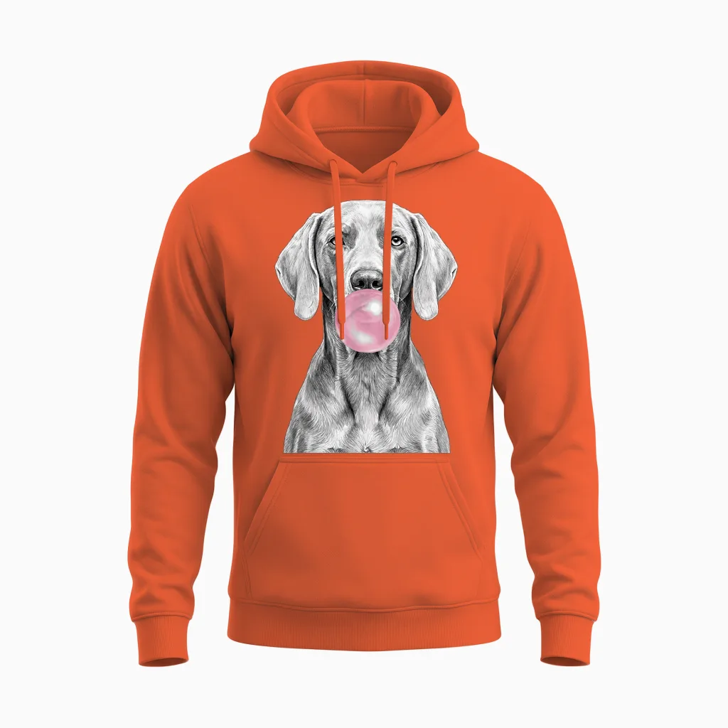 Chien Braque De Weimar Soufflant Bubble Gum Funny Canine Unisex Hoodie in Orange