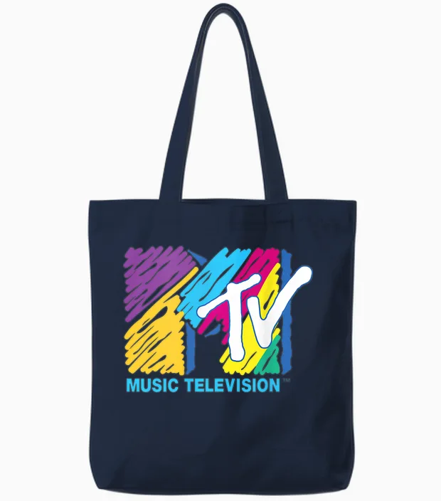 The Official Mtv Logo with Great Colors Painted with Big Pen Tote Bags in Navy