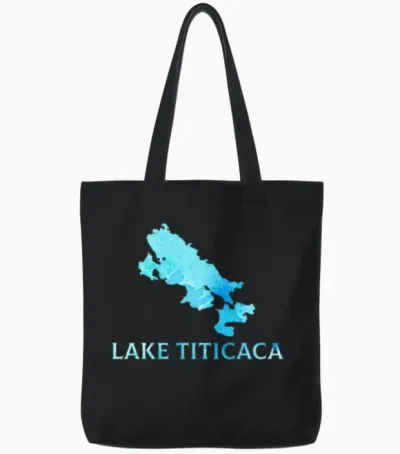 Lake Titicaca, Vintage Lake Titicaca Tote Bags - Black