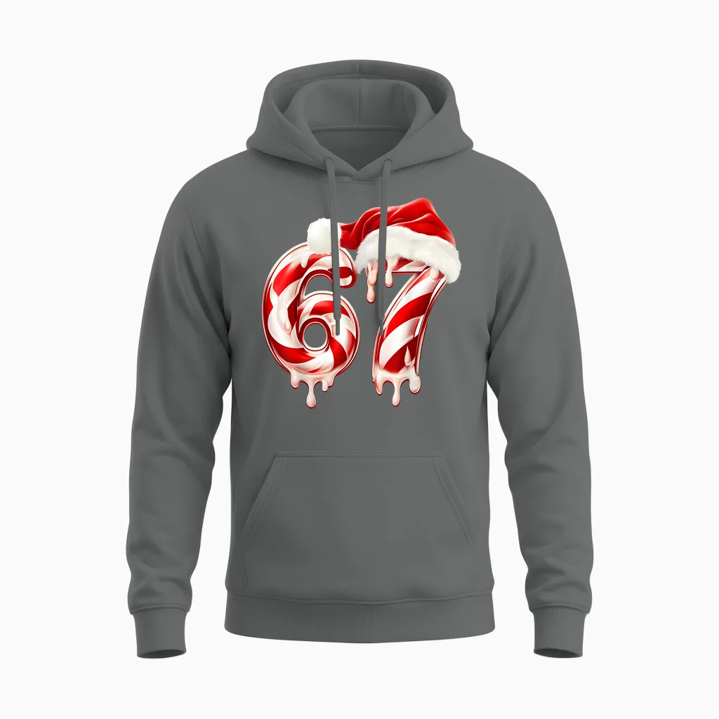 Melting Candy Cane 67 Christmas Design, Santa Hat Holiday Unisex Hoodie in Graphite Heather
