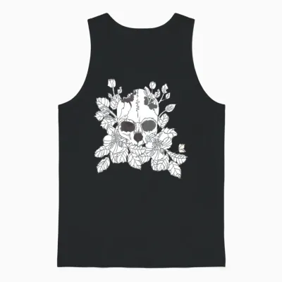 Black and White Flower Skull Unisex Tank Top - Black