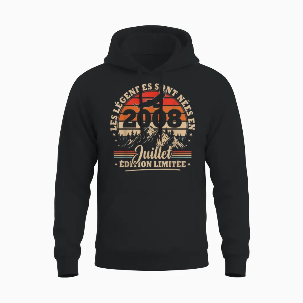 Vintage Anniversaire 18 Ans Cadeau Pour Né En Juillet 2008 Unisex Hoodie in Black