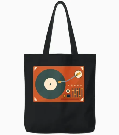 Retro Vinyl Record Player Tote Bags - Black