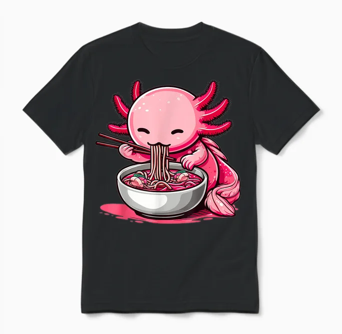 Funny Axolotl Noodle Gifts Anime Kawaii Axolotl Eating Ramen Noodles Unisex Kids Teen Adult T-Shirt Black Small Unisex T-Shirt in Black