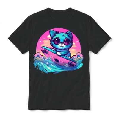 Retro Surfing Cat Unisex T-Shirt - Black