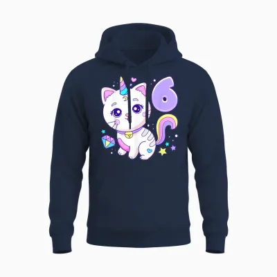 Geburtstag Mädchen 6 Jahre, Katze, Einhorn, 6. Geburtstag Unisex Hoodie - Navy