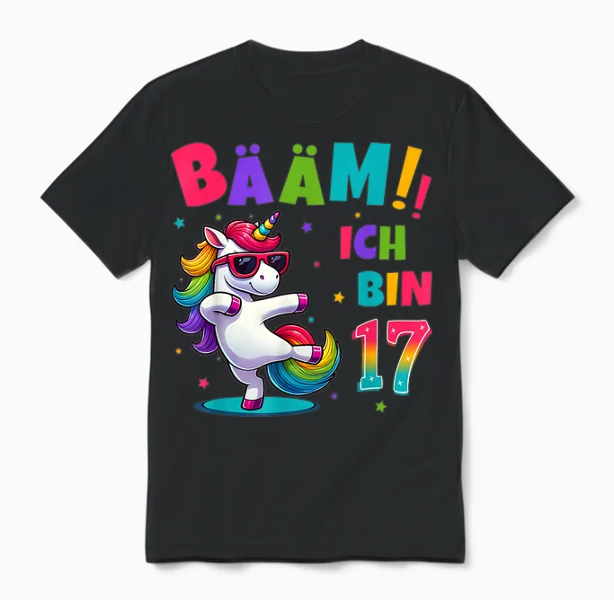 17th Birthday Boy Girl Party Outfit Unicorn Gifts T-Shirt, Black Unisex T-Shirt in Black