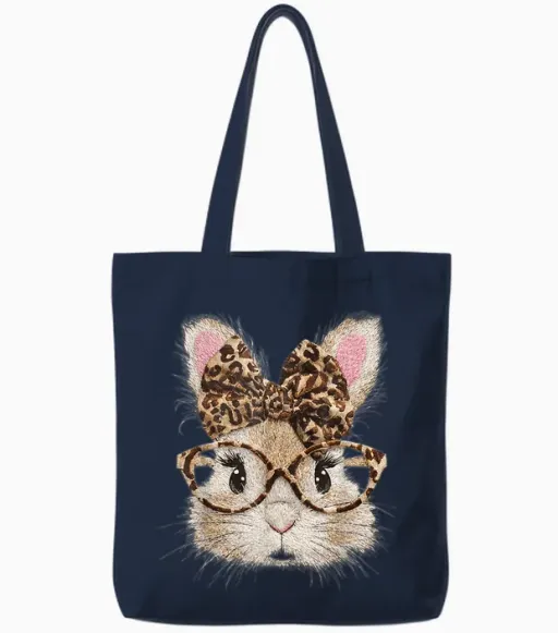 Funny Bunny Face Glasses Bandana Leopard Rabbit Happy Easter Tote Bags in Navy