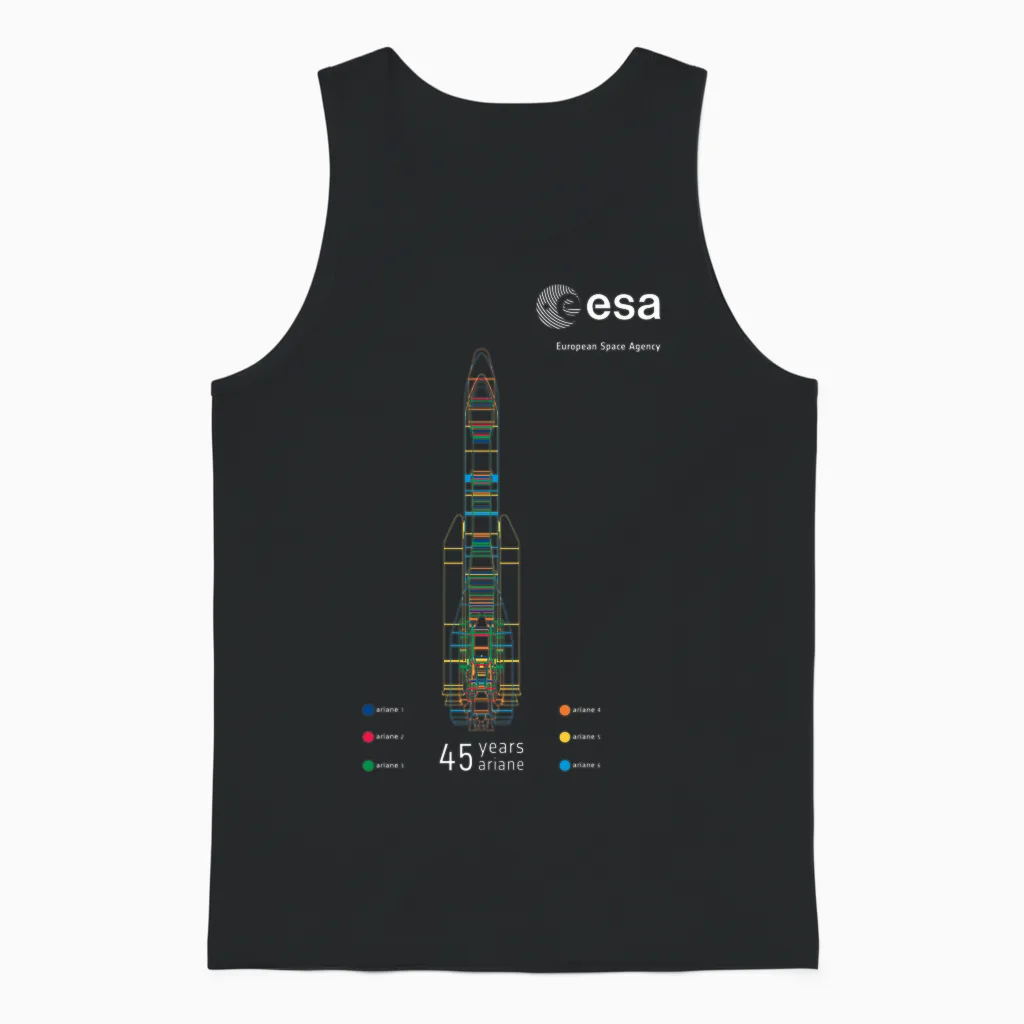 Esa European Space Agency 45 Years Ariane 1-6 Rocket 1979-2024 Unisex Tank Top in Black